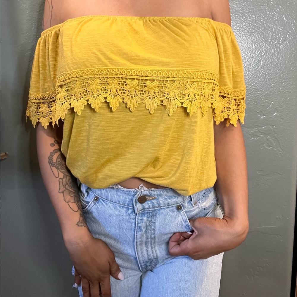 Yellow off the shoulder lace top